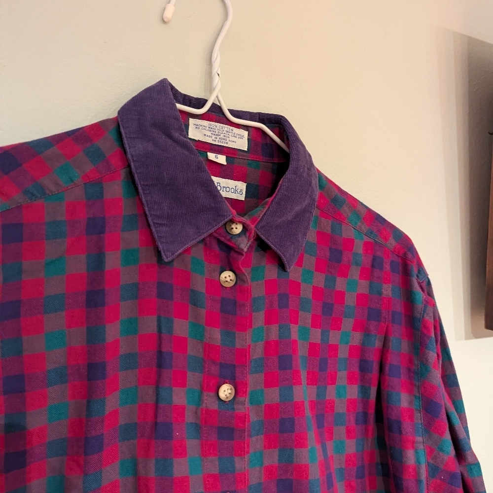 Vintage 90s Plaid Corduroy Collar Button Up Top Women's Medium Pink Purple 182 - Picture 3 of 9